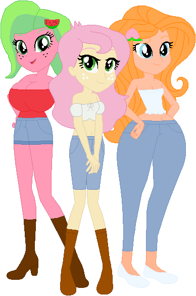 Size: 388x585 | Tagged: safe, artist:sturk-fontaine, derpibooru import, oc, oc:briar apple, oc:melon kiss, oc:peach blossom, unofficial characters only, equestria girls, base used, big breasts, breasts, child bearing hips, cleavage, female, freckles, g4, image, magical lesbian spawn, midriff, offspring, parent:applejack, parent:fluttershy, parents:appleshy, png, simple background, thicc thighs, trio, trio female, white background, wide hips