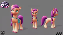 Size: 1920x1080 | Tagged: safe, derpibooru import, official, sunny starscout, earth pony, pony, g5, 3d, 3d model, bag, behind the scenes, braid, braided ponytail, concept art, female, front view, image, jpeg, logo, looking at you, mare, model, my little pony: a maretime bay adventure, ponytail, reference, reference sheet, saddle bag, scrunchie, side view, simple background, smiling, smiling at you, unshorn fetlocks
