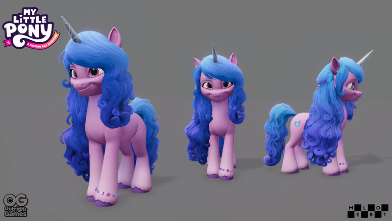 Size: 1920x1080 | Tagged: safe, derpibooru import, official, izzy moonbow, pony, unicorn, g5, 3d, 3d model, behind the scenes, bracelet, concept art, female, front view, image, jewelry, jpeg, logo, looking at you, mare, model, my little pony: a maretime bay adventure, reference, reference sheet, side view, simple background, smiling, smiling at you, unshorn fetlocks