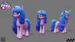 Size: 1920x1080 | Tagged: safe, derpibooru import, official, izzy moonbow, pony, unicorn, g5, 3d, 3d model, behind the scenes, bracelet, concept art, female, front view, image, jewelry, jpeg, logo, looking at you, mare, model, my little pony: a maretime bay adventure, reference, reference sheet, side view, simple background, smiling, smiling at you, unshorn fetlocks