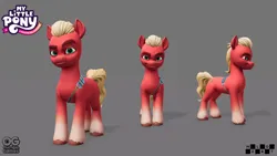 Size: 1920x1080 | Tagged: safe, derpibooru import, official, sprout cloverleaf, earth pony, pony, g5, 3d, 3d model, behind the scenes, belt buckle, concept art, evil grin, front view, frown, grin, image, jpeg, logo, looking at you, male, model, my little pony: a maretime bay adventure, reference, reference sheet, side view, simple background, smiling, smiling at you, stallion, unshorn fetlocks