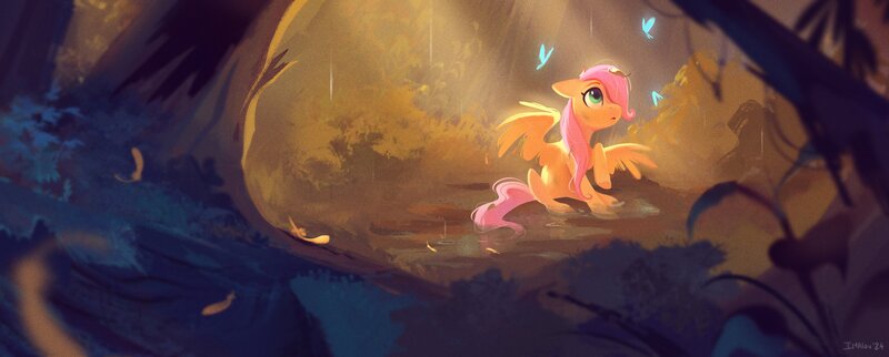 Size: 4096x1649 | Tagged: safe, artist:imalou, derpibooru import, fluttershy, butterfly, insect, pony, crepuscular rays, female, image, jpeg, mare, open mouth, puddle, scenery, sitting, solo, water