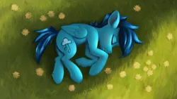 Size: 1192x670 | Tagged: safe, artist:replacer808, oc, oc:happy dream, pegasus, pony, field, grass, image, lying down, male, peaceful, png, sleeping, stallion
