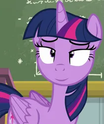 Size: 545x650 | Tagged: safe, derpibooru import, edit, edited screencap, editor:twilyisbestpone, screencap, twilight sparkle, twilight sparkle (alicorn), alicorn, pony, season 6, top bolt, amused, chalkboard, cropped, female, g4, image, inverted mouth, mare, png, smiling, solo, twilight is amused