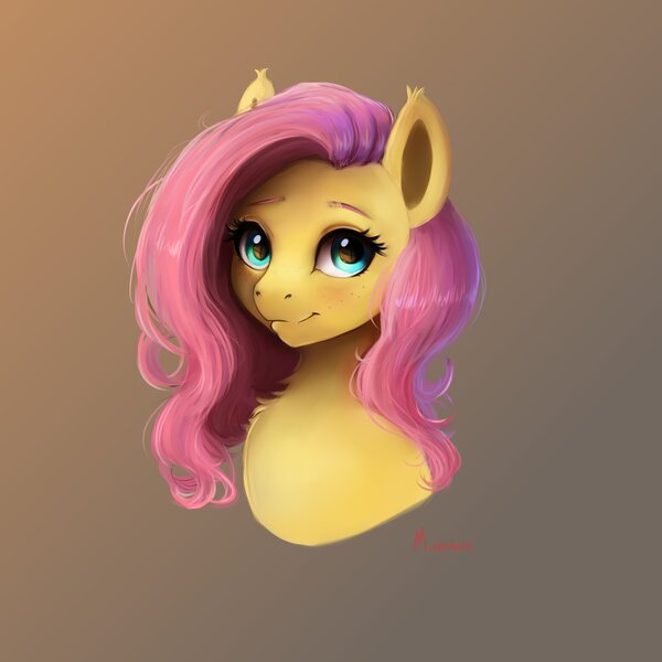 Size: 4000x4000 | Tagged: safe, artist:miokomata, derpibooru import, fluttershy, pegasus, pony, bust, cute, female, freckles, gradient background, image, jpeg, looking at you, mare, shyabetes, signature, smiling, smiling at you, solo