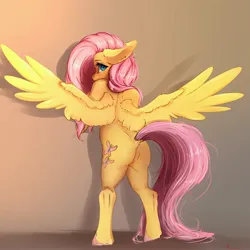 Size: 4000x4000 | Tagged: suggestive, artist:miokomata, derpibooru import, fluttershy, pegasus, semi-anthro, bipedal, blushing, butt, colored hooves, cute, dock, female, floppy ears, flutterbutt, freckles, freckleshy, gradient background, human shoulders, image, jpeg, looking at you, looking back, looking back at you, mare, plot, shyabetes, spread wings, tail, wings