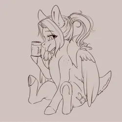 Size: 4000x4000 | Tagged: safe, artist:miokomata, derpibooru import, oc, oc:mio, unofficial characters only, pegasus, pony, drink, eye clipping through hair, eyebrows, eyebrows visible through hair, female, iced tea, image, jpeg, looking at you, mare, monochrome, ponytail, simple background, sitting, soda can, solo, tongue out, underhoof