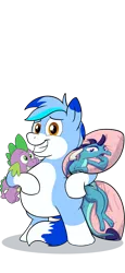 Size: 2400x5202 | Tagged: safe, artist:rupert, derpibooru import, princess ember, spike, oc, oc:rupert the blue fox, dragon, earth pony, fox, fox pony, hybrid, pony, bipedal, body pillow, chubby, cute, dragoness, female, image, male, ocbetes, plushie, png, rupertbetes, simple background, smiling, spike plushie, transparent background, tri-color mane, white belly