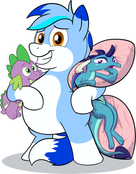 Size: 2400x3069 | Tagged: safe, artist:rupert, derpibooru import, princess ember, spike, oc, oc:rupert the blue fox, dragon, earth pony, fox, fox pony, hybrid, pony, derpibooru community collaboration, 2024 community collab, bipedal, body pillow, chubby, cropped, cute, dragoness, female, image, male, ocbetes, plushie, png, rupertbetes, simple background, smiling, spike plushie, transparent background, tri-color mane, white belly