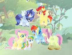 Size: 1357x1040 | Tagged: safe, artist:y2kitty, derpibooru import, fluttershy, rainbow dash, oc, oc:flashfire, oc:iris, oc:puddle shine, oc:stormfront, pegasus, pony, alternate hairstyle, base used, family, female, filly, flutterdash, fluttershy's cottage, foal, hair over eyes, image, lesbian, magical lesbian spawn, male, mare, offspring, parent:fluttershy, parent:rainbow dash, parents:flutterdash, png, shipping, stallion