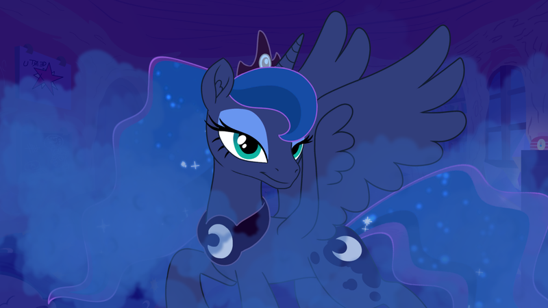 Size: 2560x1440 | Tagged: safe, artist:tiarawhy, derpibooru import, princess luna, alicorn, pony, concave belly, crown, ethereal mane, ethereal tail, female, g4, image, jewelry, lidded eyes, peytral, png, pony waifu sim, raised hoof, regalia, smug, solo, tail