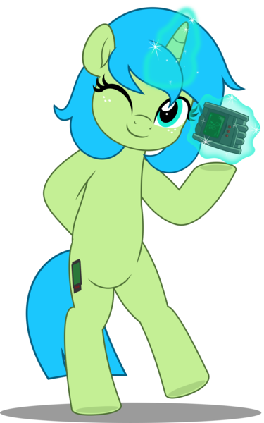 Size: 3125x5000 | Tagged: safe, artist:jhayarr23, derpibooru import, oc, oc:littlepip, oc:littlepip-in-name-only, unicorn, fallout equestria, alternate design, alternate littlepip interpretation, bipedal, commission, commissioner:solar aura, horn, image, magic, one eye closed, pipbuck, png, telekinesis, unicorn oc, wink, ych result, your character here