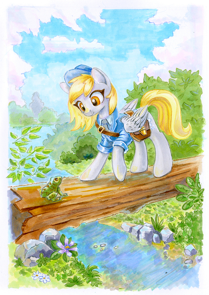 Size: 900x1270 | Tagged: safe, artist:maytee, derpibooru import, derpy hooves, frog, pegasus, pony, bag, female, g4, image, jpeg, looking at each other, mailmare, passepartout, saddle bag, solo, traditional art, underp