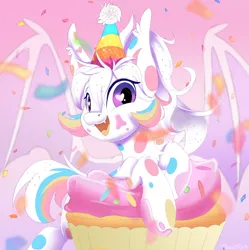 Size: 1230x1235 | Tagged: safe, artist:sketchiix3, derpibooru import, oc, oc:confetti cupcake, unofficial characters only, bat pony, pony, bat pony oc, bat wings, cupcake, female, food, hat, heart, heart eyes, image, jpeg, looking at you, mare, open mouth, open smile, party hat, ponies in food, smiling, smiling at you, solo, wingding eyes, wings
