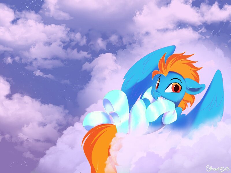 Size: 1600x1200 | Tagged: safe, artist:sketchiix3, derpibooru import, oc, unofficial characters only, pegasus, pony, clothes, cloud, floppy ears, image, jpeg, looking at you, lying down, lying on a cloud, male, mouth hold, on a cloud, sky background, smiling, smiling at you, socks, solo, stallion, striped socks