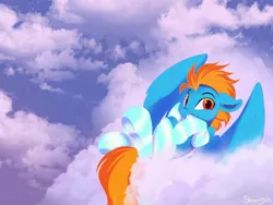 Size: 1600x1200 | Tagged: safe, artist:sketchiix3, derpibooru import, oc, unofficial characters only, pegasus, pony, clothes, cloud, floppy ears, image, jpeg, looking at you, lying down, lying on a cloud, male, mouth hold, on a cloud, sky background, smiling, smiling at you, socks, solo, stallion, striped socks