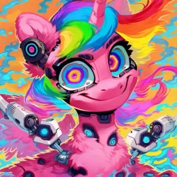 Size: 597x597 | Tagged: safe, ai content, derpibooru import, machine learning generated, prompter:barpy, stable diffusion, oc, oc:barpy, alicorn, cyborg, pony, adventurous, amputee, artificial wings, augmentation, augmented, cute, cyberpunk, dissolving, divine, drugs, energetic, enhanced, fluffy, futuristic, genderless, generator:pony diffusion v6 xl, generator:purplesmart.ai, high energy, image, looking at you, lsd, machine, magic, melting, multicolored hair, neurotechnology, pink fur, png, posthuman, prosthetic limb, prosthetic wing, prosthetics, psychedelic, rainbow hair, smiling, transhumanist, warm smile, wings