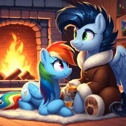 Size: 1024x1024 | Tagged: safe, ai content, derpibooru import, machine learning generated, prompter:*rainbow dash*, rainbow dash, soarin', bear, cute, drink, female, fireplace, folded wings, g4, generator:bing image creator, image, lying down, male, onesie, png, prone, rug, shipping, sitting, smiling, soarinbetes, soarindash, spread wings, straight, wings