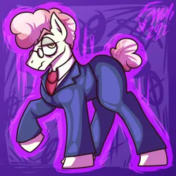 Size: 1280x1280 | Tagged: safe, artist:scribblyfilly, derpibooru import, svengallop, earth pony, pony, abstract background, clothes, glasses, image, jpeg, male, necktie, pants, raised hoof, solo, stallion
