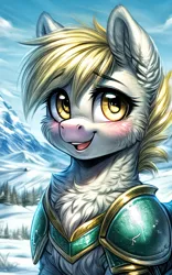 Size: 1280x2048 | Tagged: safe, ai content, anonymous artist, derpibooru import, machine learning generated, prompter:anonymous, stable diffusion, derpy hooves, pegasus, pony, armor, armored pony, blonde mane, blushing, bust, chest fluff, detailed background, ear fluff, female, feral, fluffy, g4, generator:easyfluff v11.2, happy, high res, image, looking at you, mare, png, portrait, smiling, smiling at you, snow, solo, yellow eyes