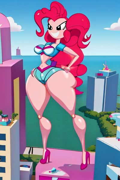 Size: 512x768 | Tagged: suggestive, ai content, derpibooru import, prompter:princessoflovepinkyt, pinkie pie, human, balloonbutt, breasts, busty pinkie pie, butt, city, female, giant pinkie pie, giantess, grin, humanized, image, inflatable, jpeg, large butt, macro, pinkie thighs, smiling, solo, solo female, thighs, thunder thighs, wide hips