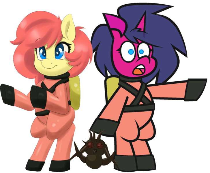 Size: 2195x1808 | Tagged: safe, artist:threetwotwo32232, artist:yelowcrom, derpibooru import, oc, oc:brushie, oc:fizzy pop, earth pony, pony, unicorn, derpibooru community collaboration, 2024 community collab, dancing, female, image, mare, png, pointing, simple background, transparent background