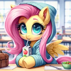 Size: 1024x1024 | Tagged: safe, ai content, derpibooru import, machine learning generated, fluttershy, pegasus, pony, apple juice, bag, bowl, cafeteria, chest fluff, clothes, cute, daaaaaaaaaaaw, drink, drinking, drinking straw, ear fluff, eyelashes, female, filly, filly fluttershy, foal, food, fork, g4, generator:dall-e 3, hnnng, hoodie, hooves on the table, image, indoors, jpeg, juice, juice box, looking at you, lunch, napkin, prompter:tyto4tme4l, salad, shyabetes, solo, spread wings, underhoof, wings, younger