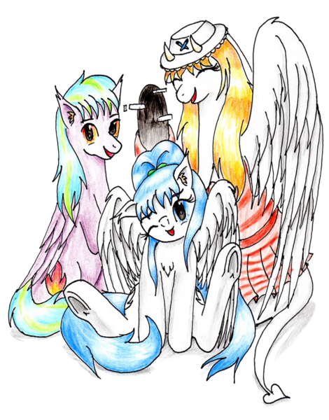 Size: 792x1010 | Tagged: safe, artist:40kponyguy, derpibooru import, edit, oc, oc:clarise, oc:flame burst, oc:vanilla, unofficial characters only, pegasus, pony, derpibooru community collaboration, 2024 community collab, bunny sitting, clothes, cute, derpibooru exclusive, dress, ear fluff, eyes closed, female, hat, image, looking at you, male, mare, png, raised hoof, simple background, stallion, traditional art, transparent background, underhoof