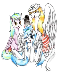 Size: 792x1010 | Tagged: safe, artist:40kponyguy, derpibooru import, edit, oc, oc:clarise, oc:flame burst, oc:vanilla, unofficial characters only, pegasus, pony, derpibooru community collaboration, 2024 community collab, bunny sitting, clothes, cute, derpibooru exclusive, dress, ear fluff, eyes closed, female, hat, image, looking at you, male, mare, png, raised hoof, simple background, stallion, traditional art, transparent background, underhoof