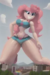 Size: 512x768 | Tagged: suggestive, ai content, derpibooru import, machine learning generated, prompter:princesslady94two, pinkie pie, human, belly button, breasts, busty pinkie pie, curvy, female, giantess, grin, hourglass figure, humanized, image, inflatable, jpeg, macro, pinkie thighs, smiling, thighs, thunder thighs