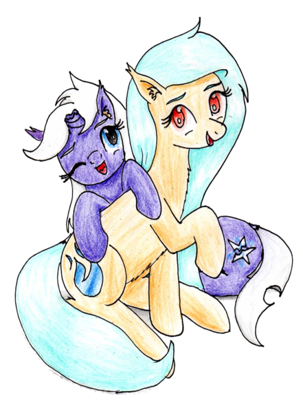 Size: 752x1024 | Tagged: safe, artist:40kponyguy, derpibooru import, edit, oc, oc:disastral, oc:floe, unofficial characters only, crystal pony, pony, unicorn, derpibooru community collaboration, 2024 community collab, broken horn, derpibooru exclusive, duo, ear fluff, female, horn, image, long mane, looking at you, mare, one eye closed, png, raised hoof, simple background, traditional art, transparent background