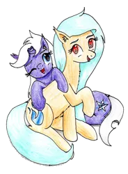 Size: 752x1024 | Tagged: safe, artist:40kponyguy, derpibooru import, edit, oc, oc:disastral, oc:floe, unofficial characters only, crystal pony, pony, unicorn, derpibooru community collaboration, 2024 community collab, broken horn, derpibooru exclusive, duo, ear fluff, female, horn, image, long mane, looking at you, mare, one eye closed, png, raised hoof, simple background, traditional art, transparent background