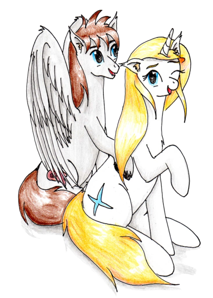 Size: 733x1024 | Tagged: safe, artist:40kponyguy, derpibooru import, edit, oc, oc:jezza, oc:tecuro, unofficial characters only, pegasus, pony, unicorn, derpibooru community collaboration, 2024 community collab, derpibooru exclusive, ear fluff, female, image, male, mare, one eye closed, open mouth, open smile, png, raised hoof, simple background, smiling, stallion, traditional art, transparent background, unshorn fetlocks