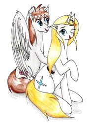Size: 733x1024 | Tagged: safe, artist:40kponyguy, derpibooru import, edit, oc, oc:jezza, oc:tecuro, unofficial characters only, pegasus, pony, unicorn, derpibooru community collaboration, 2024 community collab, derpibooru exclusive, ear fluff, female, image, male, mare, one eye closed, open mouth, open smile, png, raised hoof, simple background, smiling, stallion, traditional art, transparent background, unshorn fetlocks