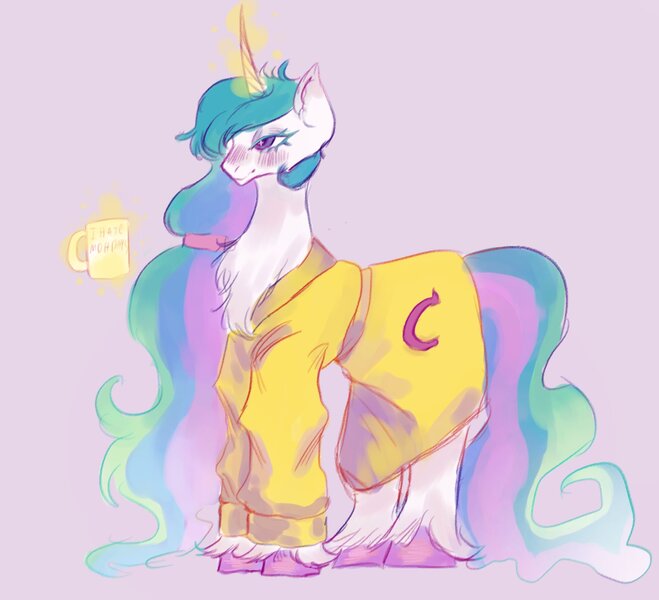 Size: 1744x1588 | Tagged: safe, artist:sleepybooo, derpibooru import, princess celestia, alicorn, pony, bathrobe, blush lines, blushing, chest fluff, clothes, coffee mug, ear blush, female, image, jpeg, levitation, magic, mare, mug, purple background, robe, simple background, solo, telekinesis, unshorn fetlocks