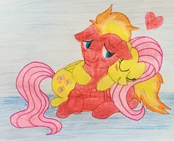 Size: 2919x2360 | Tagged: safe, artist:dhm, derpibooru import, fluttershy, oc, oc:flame fireblast, pony, abstract background, blushing, colored pencil drawing, cute, eyes closed, hug, hug from behind, image, jpeg, lidded eyes, lying down, pen drawing, traditional art, waifu