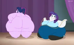 Size: 1775x1080 | Tagged: suggestive, artist:neongothic, derpibooru import, edit, rarity, sci-twi, twilight sparkle, human, equestria girls, bbw, big breasts, blushing, breasts, fat, image, large butt, measuring, nudity, png, raritubby, rear view, sci-twilard, twilight has a big ass