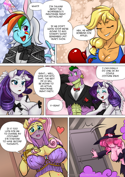 Size: 1200x1697 | Tagged: questionable, artist:cabrony, artist:pia-sama, derpibooru import, applejack, fluttershy, pinkie pie, rainbow dash, rarity, spike, anthro, dragon, pegasus, unicorn, comic:lustful diamond, comic:night of the living sex, comic:night of the living sex (color), comic:rogue diamond, adult, adult spike, belly dancer, big breasts, breasts, busty applejack, busty fluttershy, busty pinkie pie, busty rarity, cauldron, cleavage, clothes, comic, costume, coughing, erect nipples, female, g4, grayscale, halloween, halloween costume, hat, heart, holiday, image, ladle, male, monochrome, nipple outline, nipple piercing, nipples, nudity, older, older spike, one breast out, open mouth, partial nudity, piercing, png, shipping, sparity, speech bubble, straight, witch hat