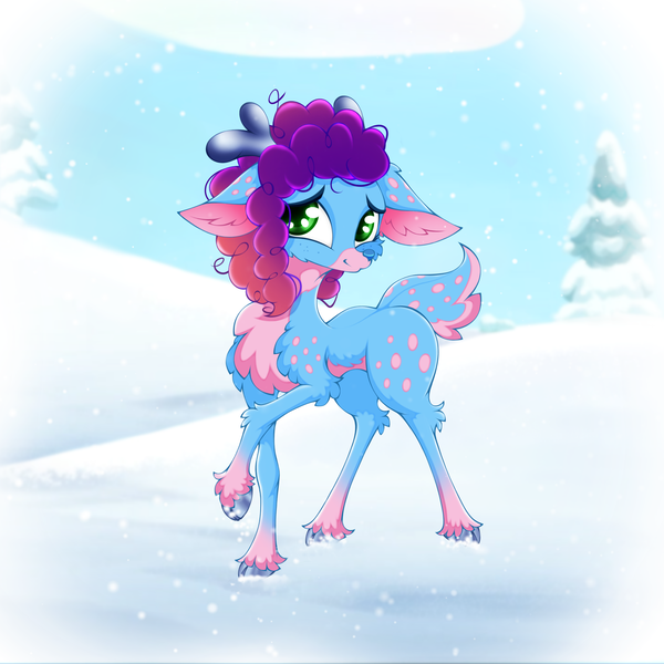 Size: 2500x2500 | Tagged: safe, artist:rurihal, derpibooru import, deer, deer pony, hybrid, original species, reindeer, g5, chest fluff, cloven hooves, cute, high res, image, misty brightdawn, mistybetes, png, reindeerified, snow, snowfall, solo, species swap, spine, thin legs