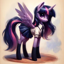 Size: 2048x2048 | Tagged: safe, ai content, derpibooru import, machine learning generated, prompter:krivovyaz, twilight sparkle, alicorn, pony, clothes, generator:bing image creator, image, looking at you, miniskirt, necktie, png, shirt, simple background, skirt, socks, solo