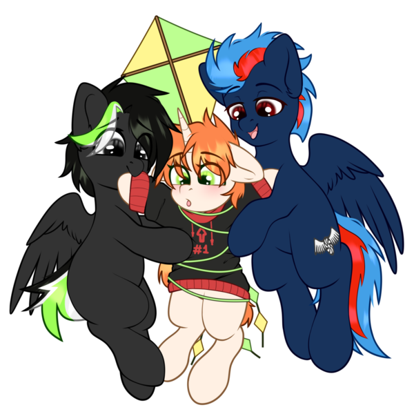 Size: 1200x1200 | Tagged: safe, artist:etoz, derpibooru import, oc, oc:black the dragon, oc:etoz, oc:ross, unofficial characters only, pegasus, pony, unicorn, derpibooru community collaboration, 2024 community collab, clothes, clumsy, female, flying, helping, hoodie, horn, image, kite, male, mare, pegasus oc, png, simple background, spread wings, surprised, transparent background, trio, unicorn oc, wings, wrapped