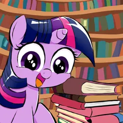 Size: 1024x1024 | Tagged: safe, ai content, derpibooru import, machine learning generated, stable diffusion, twilight sparkle, pony, book, bookshelf, cute, derpibooru exclusive, female, filly, filly twilight sparkle, generator:pony diffusion v6 xl, golden oaks library, image, library, png, prompt in description, prompter:lord waite, that pony sure does love books, younger