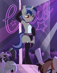 Size: 3000x3854 | Tagged: suggestive, alternate version, artist:ghostpikachu, derpibooru import, oc, oc:dreaming star, unofficial characters only, bat pony, bat pony unicorn, hybrid, pony, unicorn, base used, bat pony oc, bat wings, bipedal, clothes, club, collar, crotch bulge, dancing, evening gloves, fangs, gloves, high res, horn, image, latex, latex gloves, latex stockings, long gloves, male, pale belly, party, png, pole, pole dancing, sexy, socks, solo focus, spotlight, stallion, stockings, stripper pole, thigh highs, wings