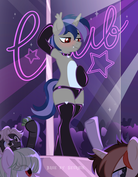 Size: 3000x3854 | Tagged: suggestive, alternate version, artist:ghostpikachu, derpibooru import, oc, oc:dreaming star, unofficial characters only, bat pony, bat pony unicorn, hybrid, pony, unicorn, base used, bat pony oc, bat wings, bipedal, clothes, club, collar, dancing, evening gloves, fangs, gloves, high res, horn, image, latex, latex gloves, latex panties, latex stockings, long gloves, male, pale belly, panties, party, png, pole, pole dancing, sexy, socks, solo focus, spotlight, stallion, stockings, stripper pole, thigh highs, underwear, wings
