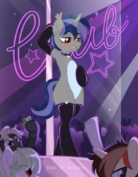Size: 3000x3854 | Tagged: suggestive, alternate version, artist:ghostpikachu, derpibooru import, oc, oc:dreaming star, unofficial characters only, bat pony, bat pony unicorn, hybrid, pony, unicorn, base used, bat pony oc, bat wings, bipedal, clothes, club, collar, dancing, evening gloves, fangs, gloves, high res, horn, image, latex, latex gloves, latex stockings, long gloves, male, pale belly, party, png, pole, pole dancing, sexy, socks, solo focus, spotlight, stallion, stockings, stripper pole, thigh highs, wings