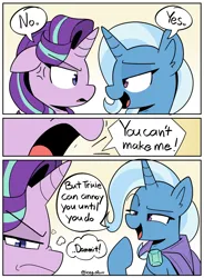 Size: 2096x2850 | Tagged: safe, artist:icey, derpibooru import, starlight glimmer, trixie, pony, unicorn, comic, dialogue, female, image, mare, png, scrunchy face, smug, speech bubble, starlight glimmer is not amused, thought bubble, unamused