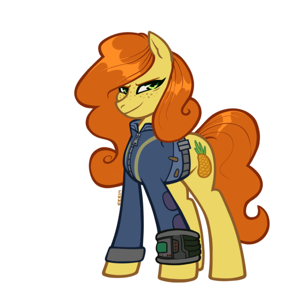 Size: 1950x1950 | Tagged: safe, artist:zinneriz, derpibooru import, oc, oc:anna pine, unofficial characters only, earth pony, derpibooru community collaboration, fallout equestria, 2024 community collab, clothes, derpibooru exclusive, food, freckles, image, jumpsuit, looking at you, orange mane, pineapple, pipbuck, png, simple background, solo, transparent background, vault suit, yellow fur