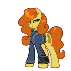 Size: 1950x1950 | Tagged: safe, artist:zinneriz, derpibooru import, oc, oc:anna pine, unofficial characters only, earth pony, derpibooru community collaboration, fallout equestria, 2024 community collab, clothes, derpibooru exclusive, food, freckles, image, jumpsuit, looking at you, orange mane, pineapple, pipbuck, png, simple background, solo, transparent background, vault suit, yellow fur