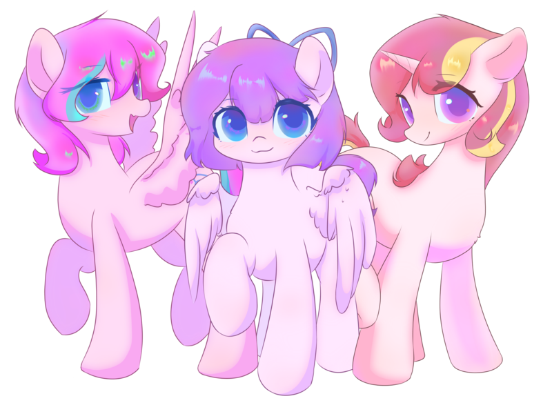 Size: 6000x4500 | Tagged: safe, derpibooru import, oc, oc:dream oriole, oc:flowermoon, oc:fuzzy cyclone, unofficial characters only, pegasus, pony, unicorn, derpibooru community collaboration, 2024 community collab, blue eyes, image, pink hair, png, purple eyes, purple hair, red hair, simple background, transparent background, wings