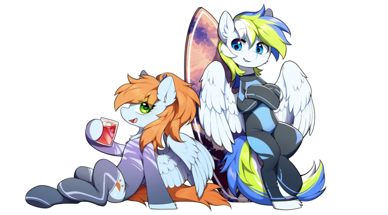 Size: 3887x2159 | Tagged: safe, artist:swaybat, derpibooru import, oc, oc:morning star, oc:rain bow, unofficial characters only, pegasus, pony, derpibooru community collaboration, 2024 community collab, bipedal, bipedal leaning, cable, clothes, cup, diving suit, female, glass, ice cube, image, juice, leaning, looking at each other, looking at someone, male, mare, png, ponytail, simple background, sitting, smiling, smiling at each other, socks, spread wings, stallion, surfboard, swimsuit, thigh socks, transparent background, wings, zettai ryouiki